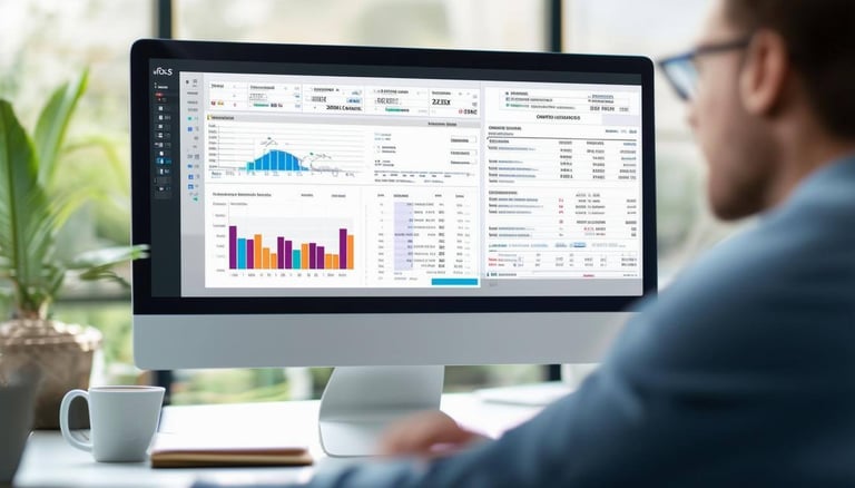 A professional office scene featuring a focused individual looking at a computer screen displaying an overview of invoices or financial data