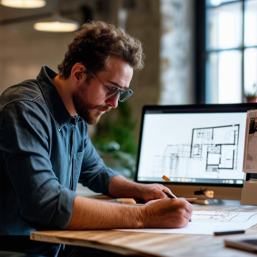 a content architect working at his desk drawing up a new project digitally