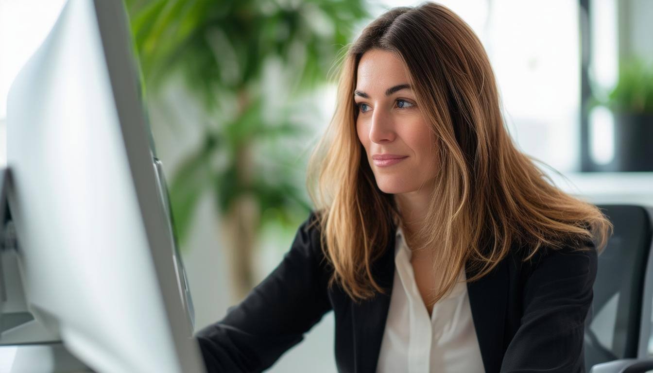 a female leader of a small firm sitting in an office space in front of a computer looking to the screen with a slight smile on her face