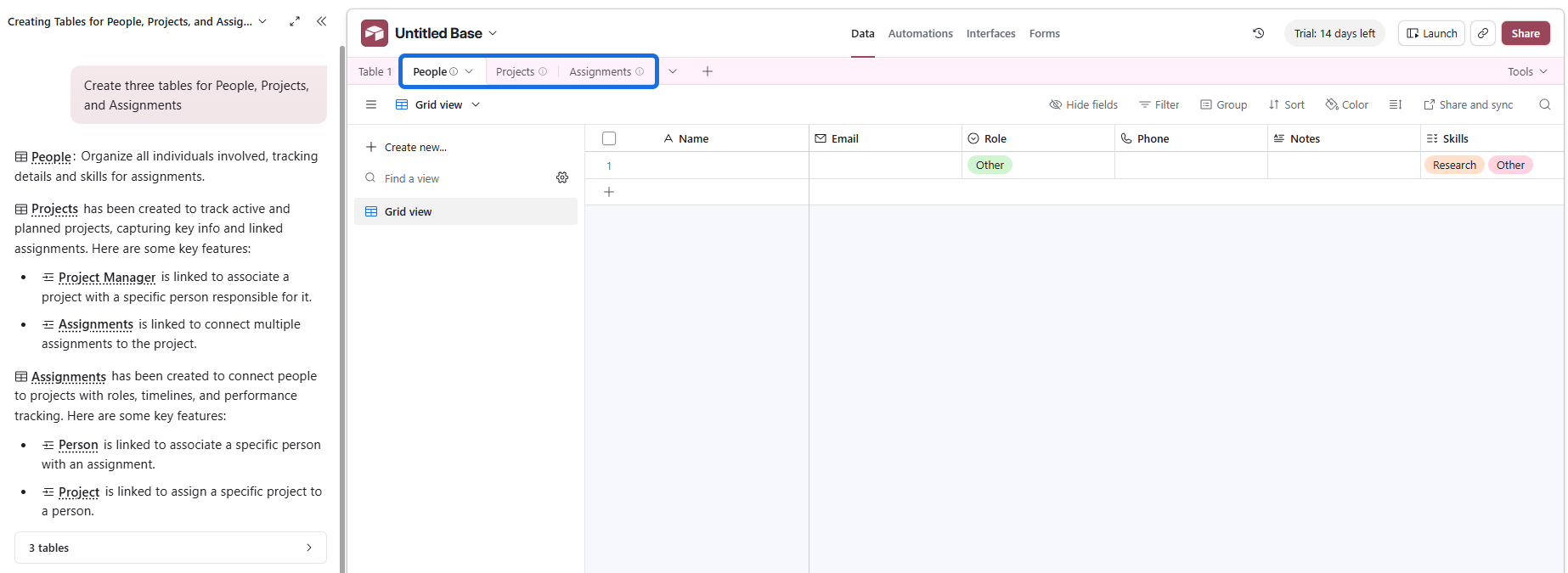 Create three tables for People, Projects, and Assignments