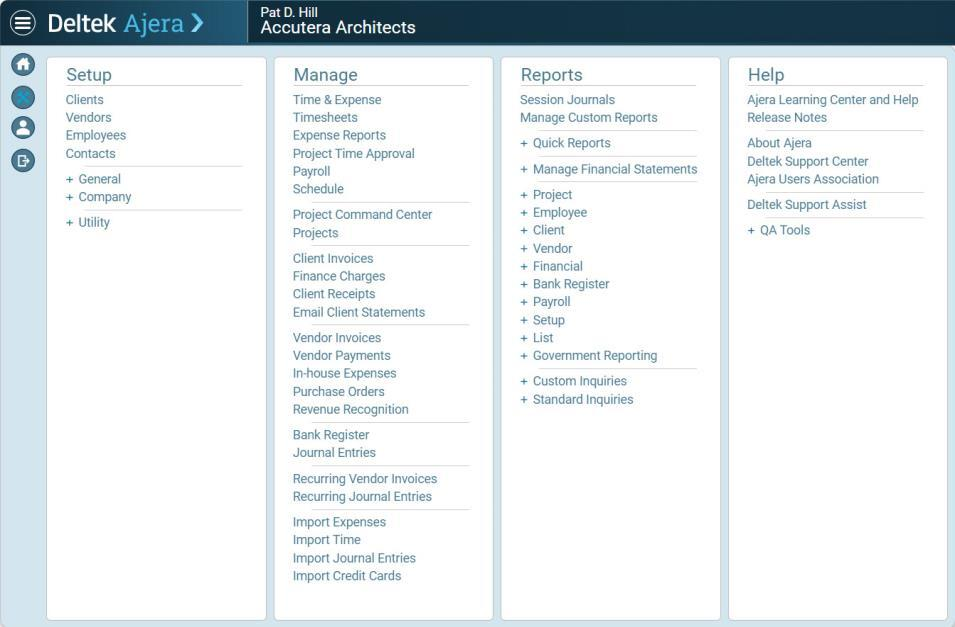 Deltek Ajera dashboard with navigation for project management, accounting, payroll, time tracking, financial reporting, and client management