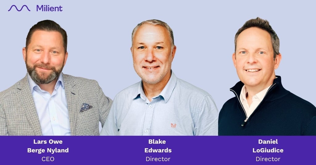 Milient CEO Lars Owe Berge Nyland with Cubic Interactive Directors Blake Edwards and Daniel LoGiudice, announcing Milient’s acquisition of Cubic Interactive